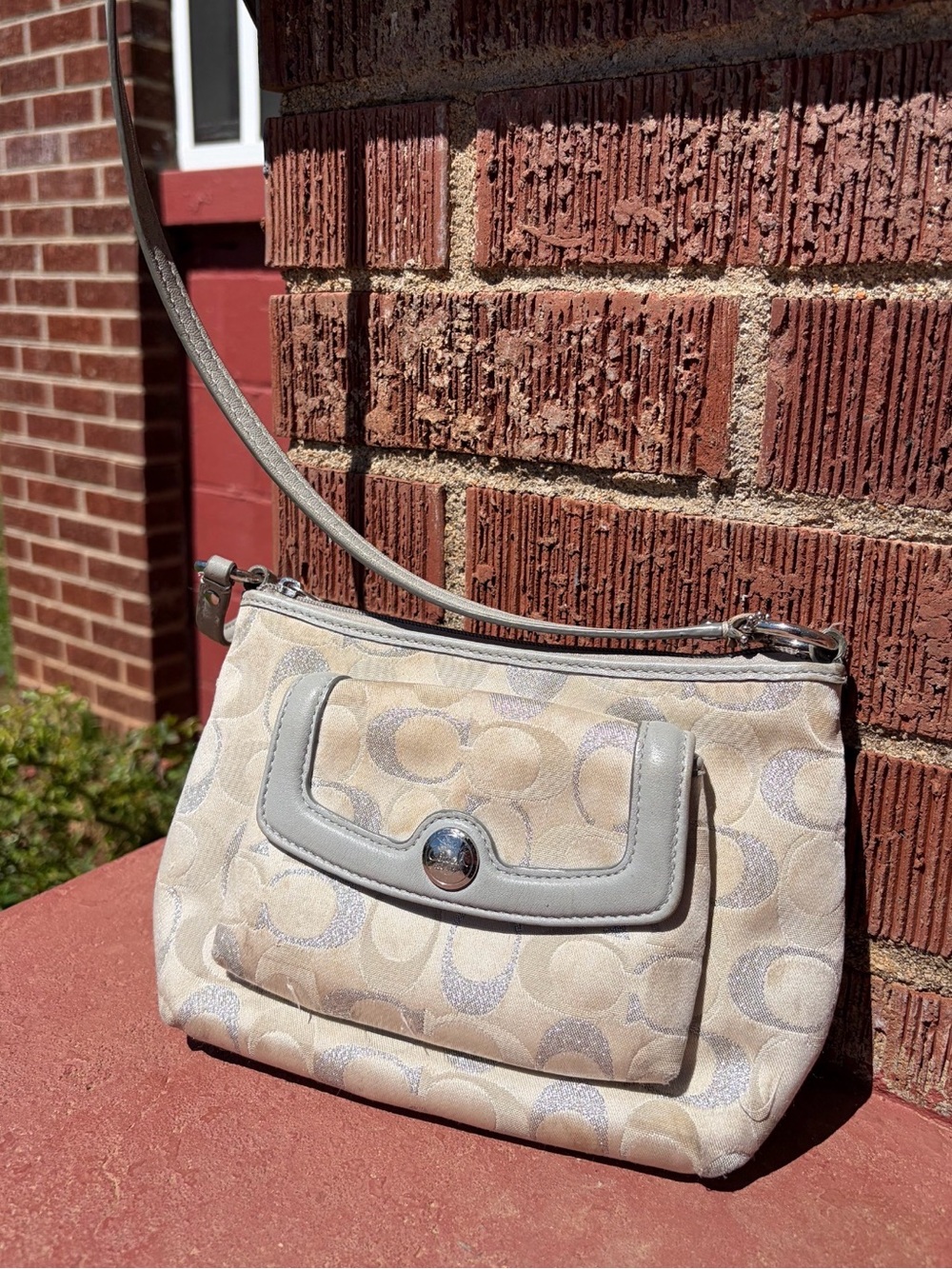 Coach Cream Signature Shoulder Bag with Light Gray Trim